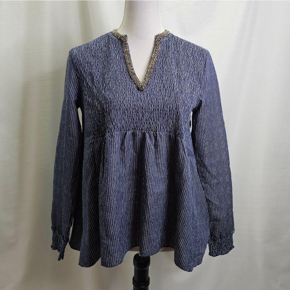 Given Kale Blue Long Sleeve Smocked Peasant Blouse Size Small